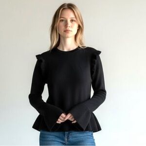 QI CASHMERE ruffle long sleeve sweater